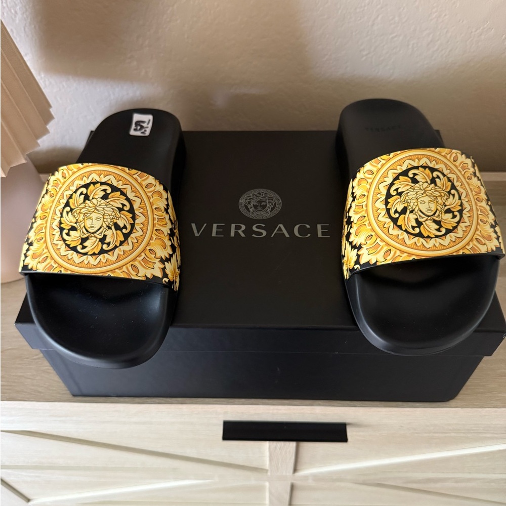 Versace Black and Gold Medusa Slides